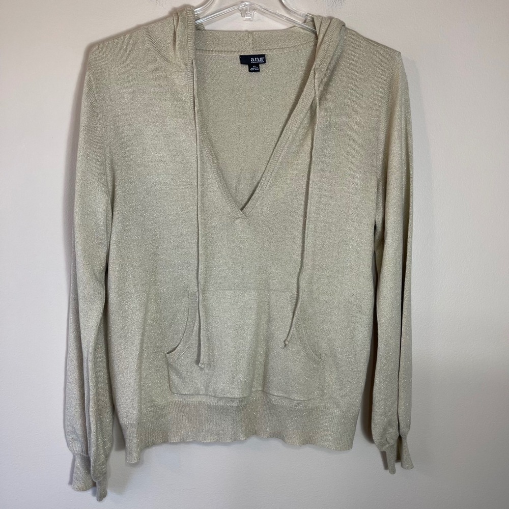ana A New Approach Gold Metallic Knit Hoodie V-Neck Angora Blend Sweater XL